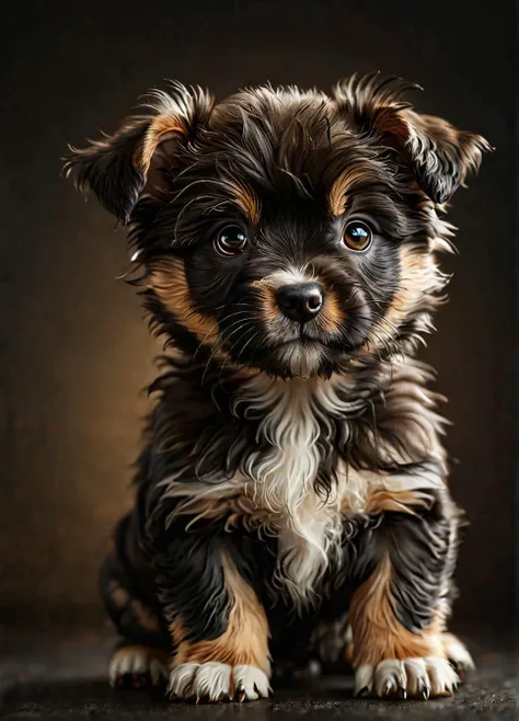 real photo, photorealistic, dark photo of a cute sweet lovely puppy, intricate hair detailes, insane realistic skin texture with pores, sharp focus, high contrast, bokeh, ((full body shot, full body portrait, full body view, focus on full body)),