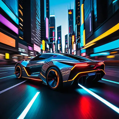 "score_9_photography, score_8_detail, score_7_sfw, A futuristic racer speeding through a neon-lit city in a hover car, the skyline blurring past, full scene."
