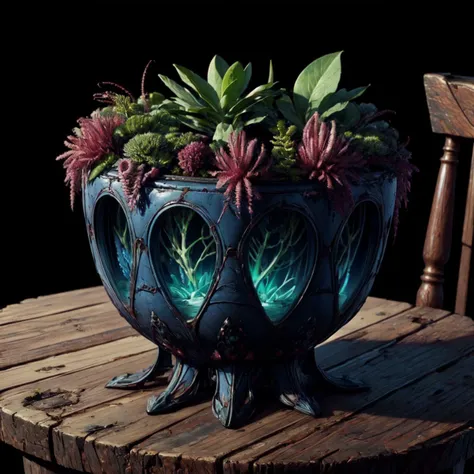 there is a blue vase with plants in it on a wooden table