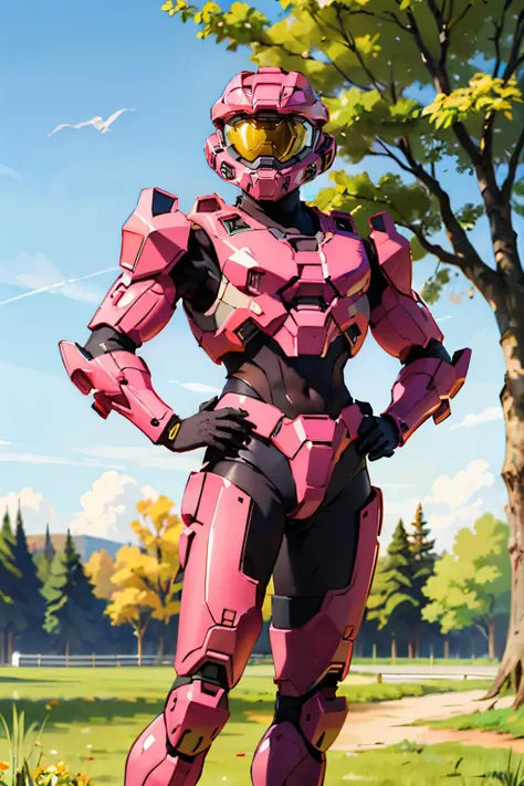 TheLoveChief2024, armor, helmet, master chief, looking at viewer, standing, hands on hips, outside, park, field, trees, winter, blue sky, high quality, masterpiece, <lora:TheLoveChief2024:.7>