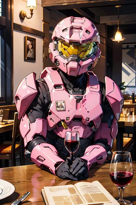 TheLoveChief2024, armor, helmet, master chief, looking at viewer, upper body shot, sitting ,behind table, inside fancy restaurant, table, candle, holding glass of red wine, warm ambiance, high quality, masterpiece, <lora:TheLoveChief2024:.7>