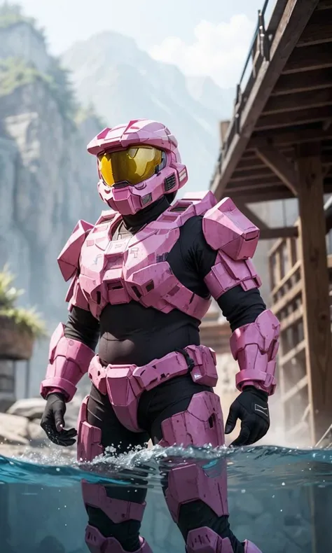 TheLoveChief2024, best quality, armor, helmet, master chief, full body, swimming in valentines hearts