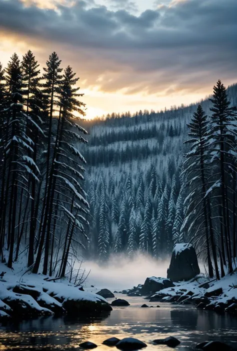 a river in the middle of a forest with snow on the ground