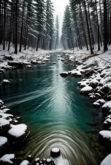 arafed view of a river in a snowy forest with snow on the ground