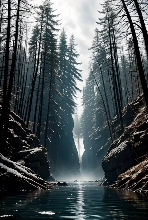 a river in the middle of a forest with trees and rocks