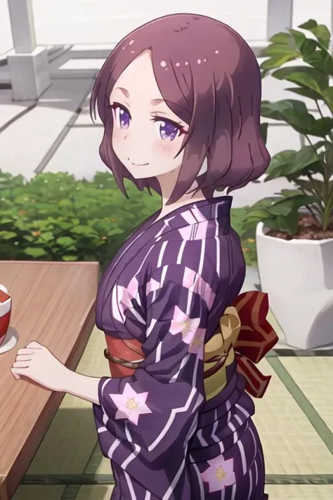 best quality, masterpiece, highres, solo, {yukata:1.40}, {kimono:1.20}, {tooyama_rin_newgame:1.15}, short_hair, brown_hair, purple_eyes, blush, purple_hair, smile