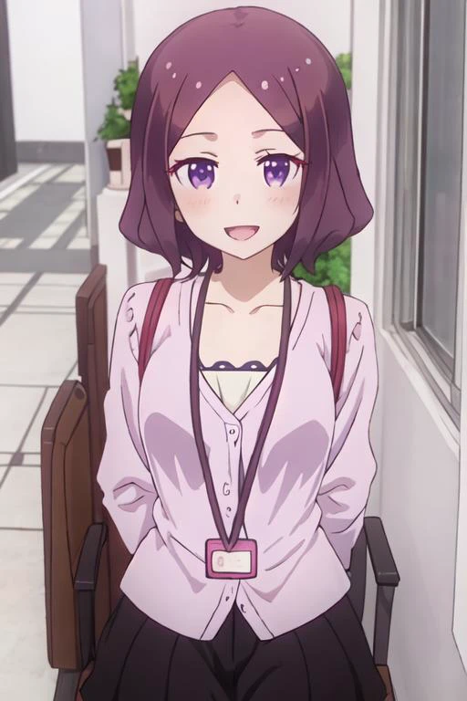 best quality, masterpiece, highres, solo, {tooyama_rin_newgame:1.15}, short_hair, brown_hair, purple_eyes, blush, purple_hair, smile, 1girl, open_mouth, anime_coloring, upper_body