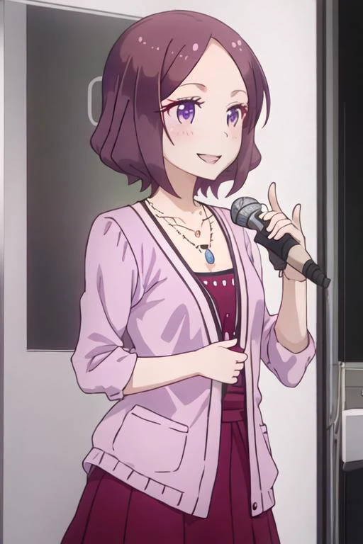 best quality, masterpiece, highres, solo, {tooyama_rin_newgame:1.15}, short_hair, brown_hair, purple_eyes, blush, purple_hair, smile, 1girl, jewelry, necklace, microphone