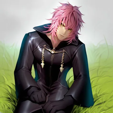 anime - style image of a man in a black outfit sitting on the grass