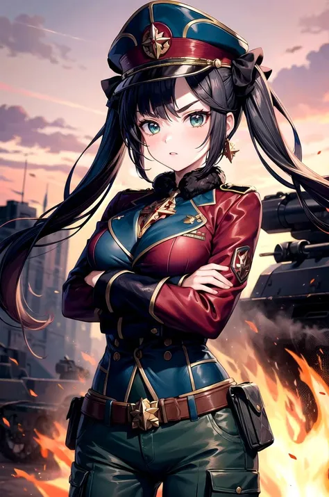 (masterpiece, best quality, detailed), 1girl, solo, aamona, long hair, twintails, hair ornament, black ribbon, earrings, looking at viewer, 
military uniform, military, soldier, belt, green pants, military hat, brown jacket, camouflage, world war ii, war, ...