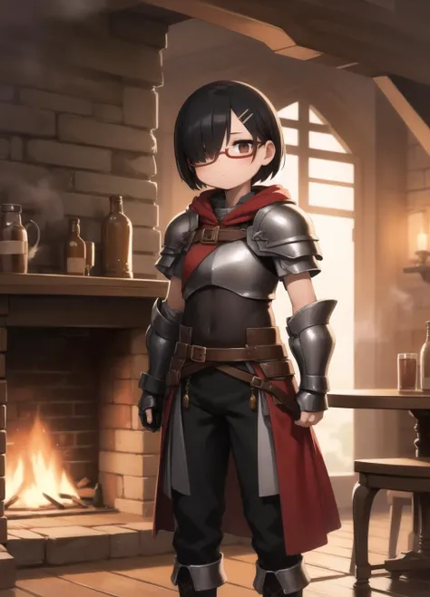 masterpiece, best quality, standing
1girl, solo, light skin, mini girl, small breast, black hair, short hair, brown eyes, bangs, long sideburns, hairpin, hair over one eye, red-framed eyewear,
hood, armor, black cloak, pants, belt, shoulder armor, gauntlet...