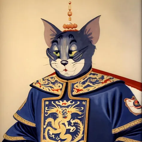 best quality, highres ,painting of Tom cat sitting, full body, front view, <lora:Xiang:0.5>, xiaoxiang, extremely ornate chinese clothes, round badge, dragon patternï¼not  hatï¼ <lora:tom:0.9>tom