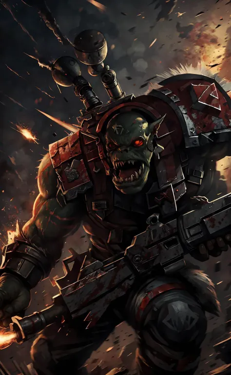 $character =  ( orc , male focus , mischievous creature  , green skinned <lora:40k_ork:0.7> : 1)
[red  : custom_mayhem : 0.3]
[ custom_quality  :  $character ,  explosions  : 0.01 , 0.999  ]