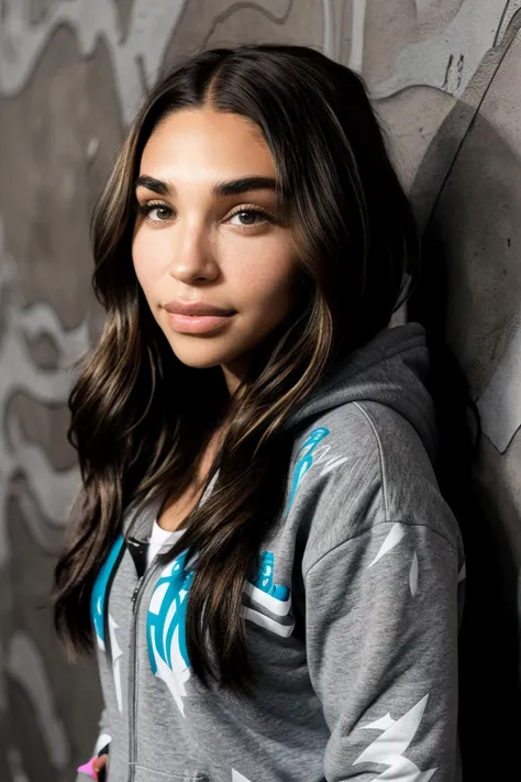 a close up of a young woman leaning against a wall