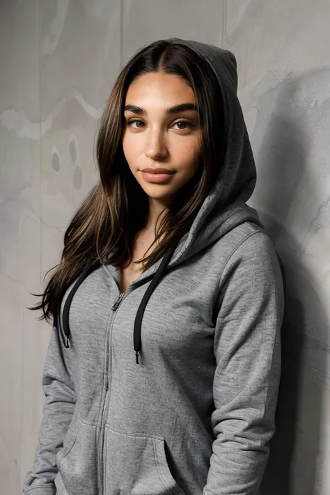 a woman in a grey hoodie leaning against a wall