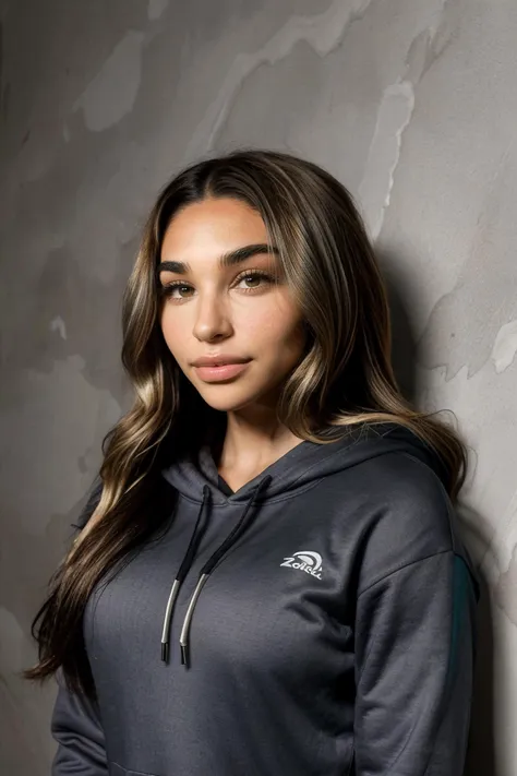 a woman in a grey hoodie leaning against a wall