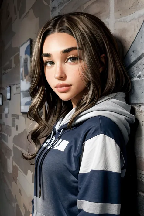 a close up of a woman leaning against a wall with a hoodie