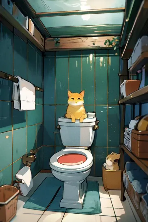 there is a cat sitting on the toilet in the bathroom