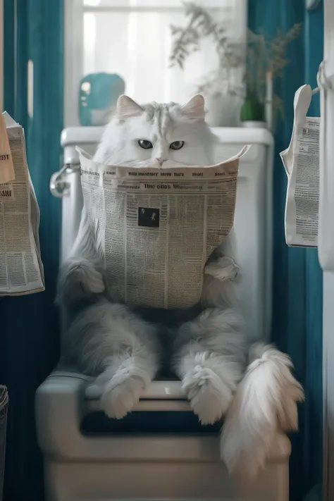 araffe cat sitting on toilet with newspaper in mouth