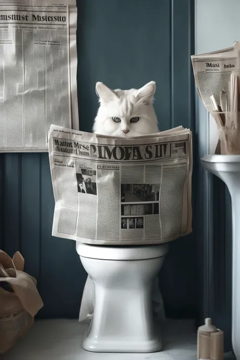 arafed cat sitting on a toilet with newspaper in it's mouth