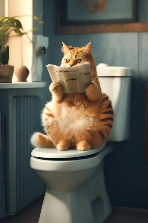 there is a cat sitting on a toilet reading a book