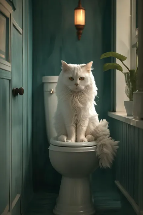 araffe sitting on a toilet in a bathroom with a potted plant