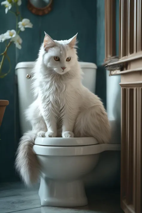 araffe sitting on a toilet seat in a bathroom with a potted plant