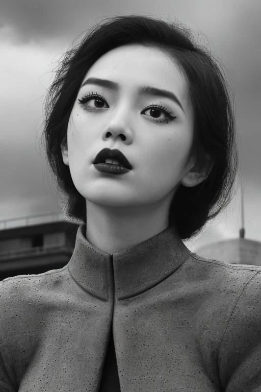 (black and white:1.2), (monochrome photography:1.2), (concrete, cement, brutalism:1.3), unusual angle view, close-up facial shot of a korean girl, black eyeliner, black eye-shadow, black lips, black eyebrows, black make-up, (sinister, haunted expression:1....