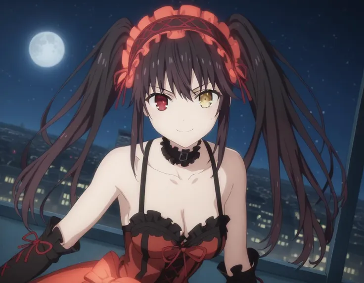 anime girl with long hair and red dress sitting on a ledge