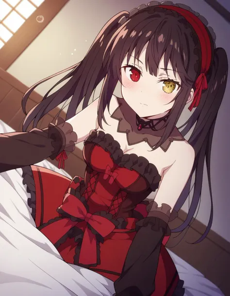 anime girl in red dress sitting on bed with headphones on