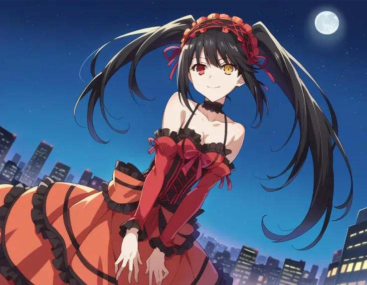 anime girl in a red dress standing in front of a city