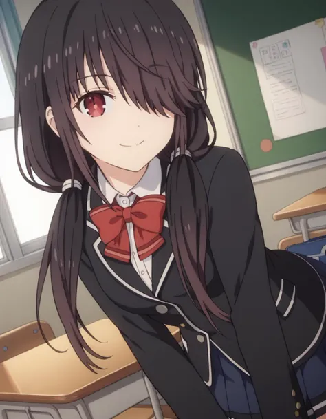 anime girl with long hair and red eyes in a classroom