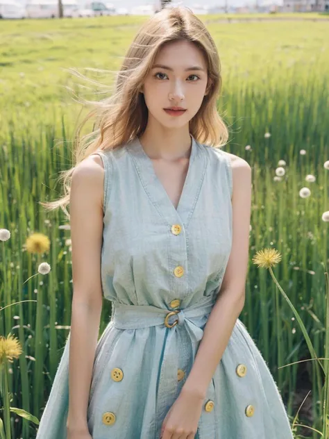 a woman standing in a field of tall grass wearing a blue dress