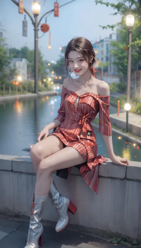 a woman sitting on a ledge next to a river wearing silver boots