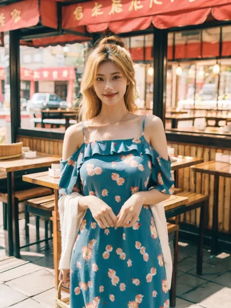 a woman standing in front of a restaurant wearing a blue dress