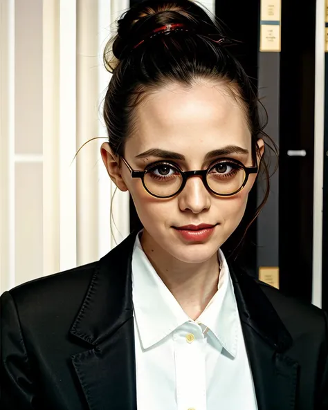 ChzElizaDushku, close-up, photo of 1girl as a strict librarian, glasses, slender figure, wearing edgdlf, chic black jacket, whisper-thin white silk shirt, (stern expression), hair in a sensible bun, library background, artistic composition, perfect shading...