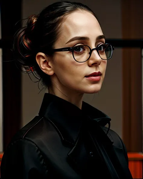 ChzElizaDushku, close-up, photo of 1girl as a strict librarian, glasses, slender figure, wearing edgdlf, chic black jacket, whisper-thin white silk shirt, (stern expression), hair in a sensible bun, library background, artistic composition, perfect shading...