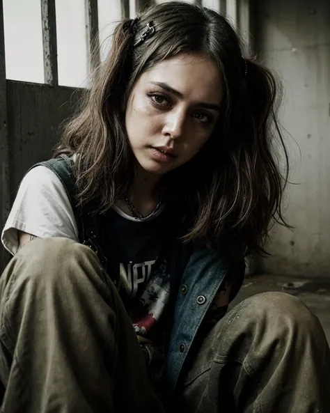 ChzElizaD2, close-up, RAW photo of 1girl, solo, focus face, wearing edgGrunge fashion, leather jacket , vintage T-shirt, baggy ripped jeans, serious expression, withering sarcasm, pervasive ennui, dynamic pose, deep shadows, artistic composition, perfect s...