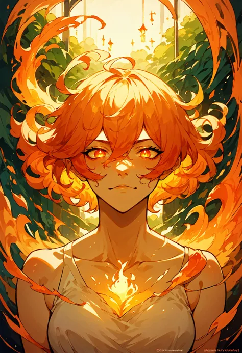 a woman with red hair and a white top is surrounded by flames