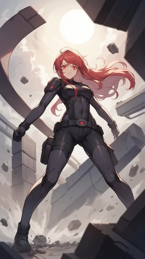 a drawing of a woman in a black widow suit standing in a building