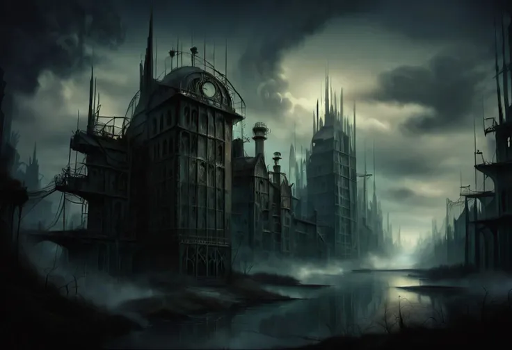 score_9,score_8_up,score_7_up, artdeco_v3, steel magic gleaming, scenery of  abadoned steampunk city made of different metallic ...