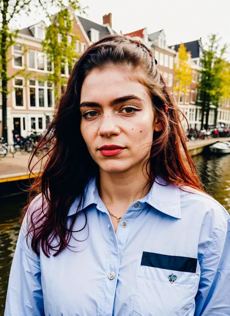 portrait of sks woman in Amsterdam, by the canals with tulips in the foreground, by Flora Borsi, style by Flora Borsi, bold, bright colours, ((Flora Borsi)), by Dorothea Lange, <lora:locon_grimes_v1_from_v1_64_32:1>