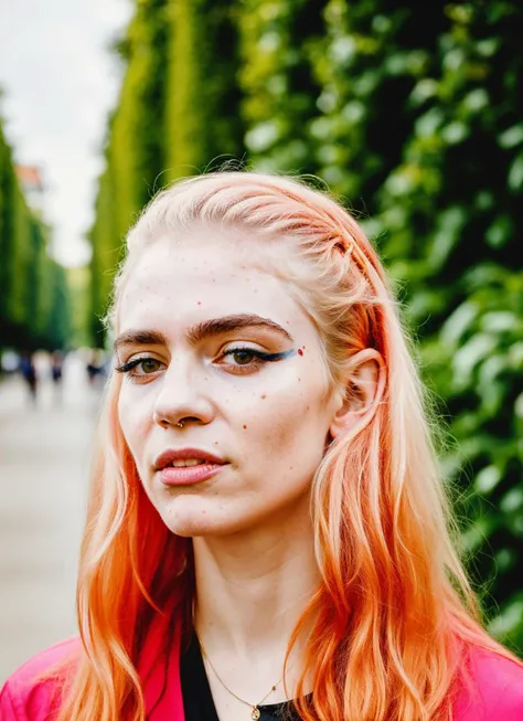 portrait of sks woman in Vienna, at the Schoenbrunn Palace, by Flora Borsi, style by Flora Borsi, bold, bright colours, ((Flora Borsi)), by Henri Cartier-Bresson, <lora:locon_grimes_v1_from_v1_64_32:1>