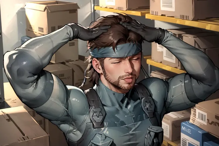 masterpiece, best quality, solid snake, facial hair, headband, blue bodysuit, ahetobleh, closed eyes, tongue, hands on own head, warehouse, night <lora:ahetobleh-nvwls-v2-000010:0.9>  <lora:solidsnake-nvwls-v1-final:0.9>