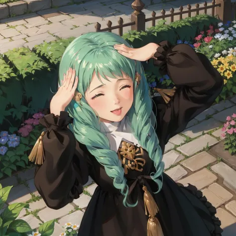 masterpiece, best quality, flayn, hair ornament, black dress, from above, ahetobleh, closed eyes, hands on own head, garden <lora:ahetobleh-nvwls-v2-000010:0.8> <lora:flayn-nvwls-v1-final:0.8>