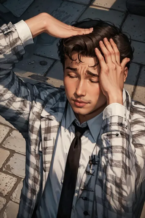 arafed man in a plaid shirt and tie holding his head