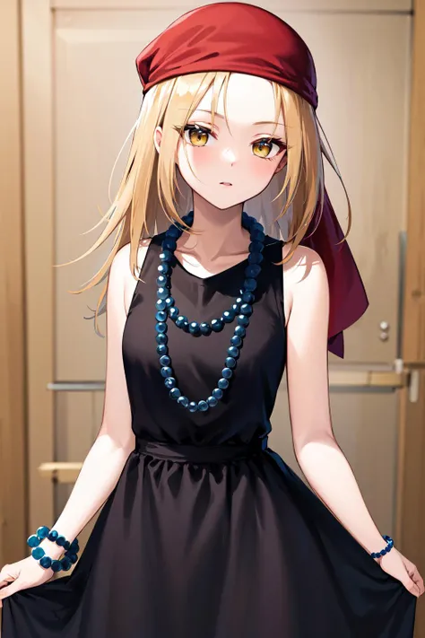 masterpiece, best quality, highres, kaa, yellow eyes, black dress, bead necklace, sleeveless, bracelet, bandana, <lora:kyouyama_anna_v1:0.7>, cowboy shot