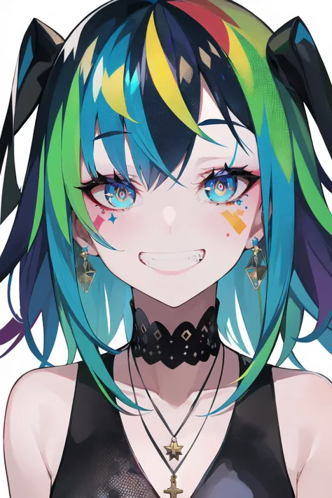 (masterpiece, best quality:1.2), <lora:style_ramdayo-20:1>, upper body, solo, 1girl, facial mark, grin, looking at viewer, multicolored hair, blue hair, red hair, green hair, hair ornament, multicolored eyes, glowing eyes, bright pupils, jewelry, pendant, ...