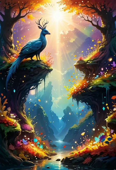 a painting of a peacock standing on a cliff in a forest