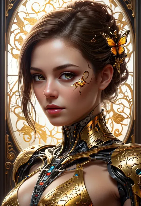 photo, 8k portrait of beautiful cyborg with brown hair, intricate, elegant, highly detailed, majestic, digital photography, art by artgerm and ruan jia and greg rutkowski surreal painting gold butterfly filigree, broken glass, (masterpiece, side lighting, ...